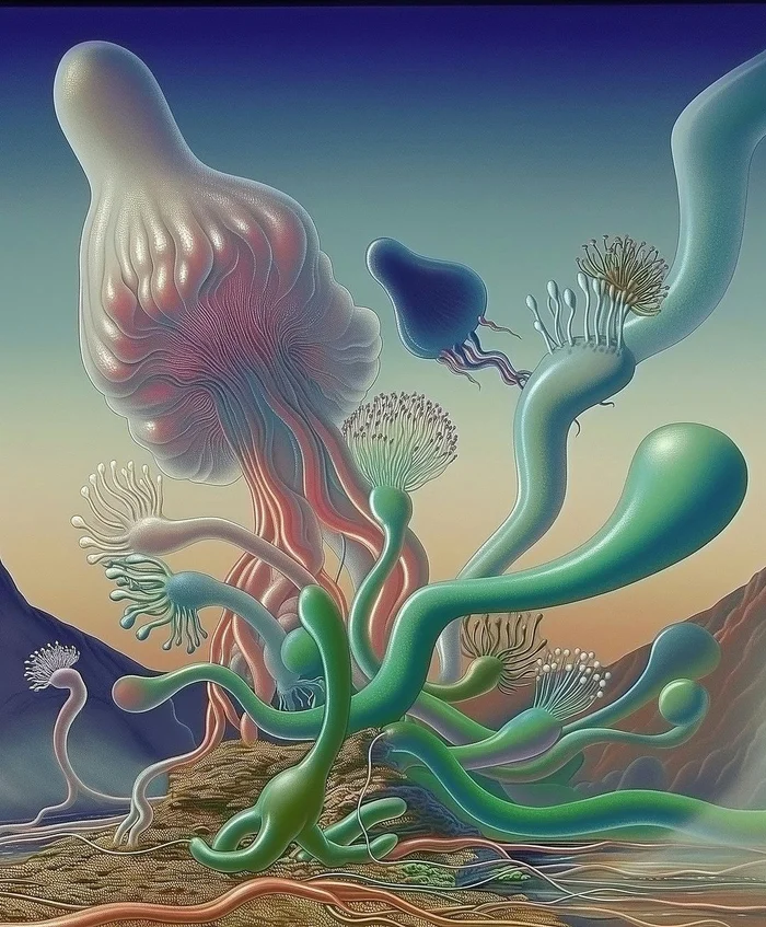 Surreal digital artwork featuring alien botanical forms and tentacled structures in a desert landscape under a fading sky by Yambo Studio