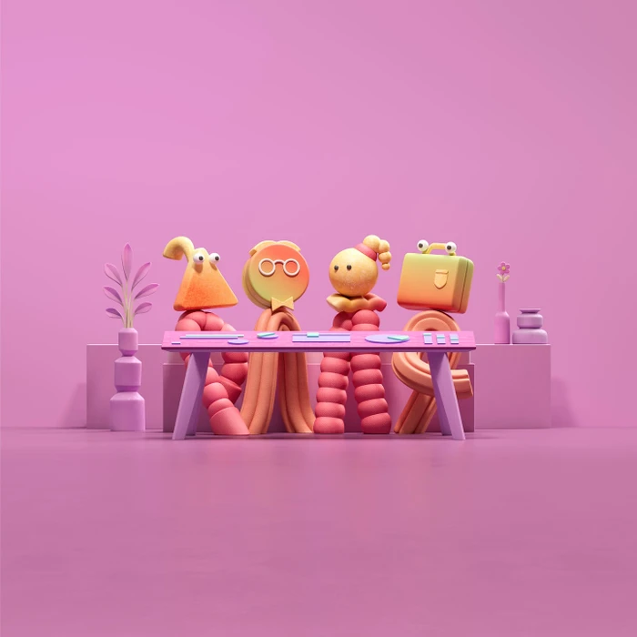 Quirky 3D animated characters with abstract shapes for heads seated at a table against a monochromatic pink background.
