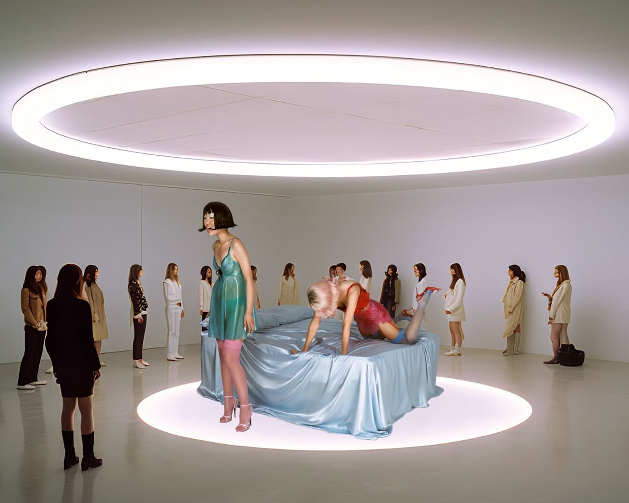 Fashion editorial shot of two female models on a bed surrounded by women in a minimalist white studio with a bright halo light.
