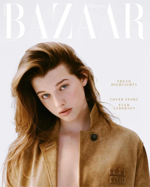 Harper's Bazaar Korea magazine cover featuring Ever Anderson, an adult female, wearing a suede jacket with long blonde hair.