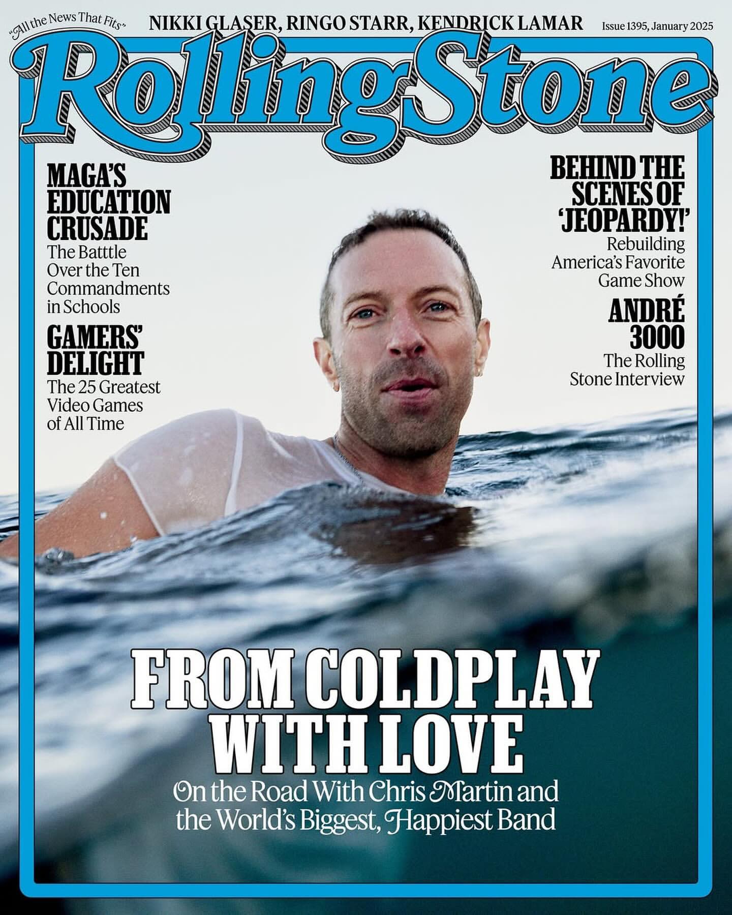 Rolling Stone magazine cover featuring Chris Martin in water, promoting Coldplay's 'From Coldplay With Love' tour; ocean backdrop.