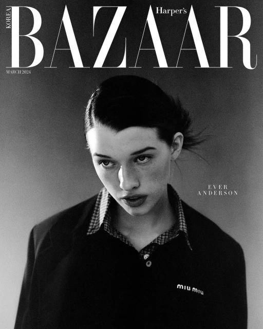 Black and white portrait of Ever Anderson on the cover of Harper's Bazaar Korea, March 2024 issue, wearing a Miu Miu top.
