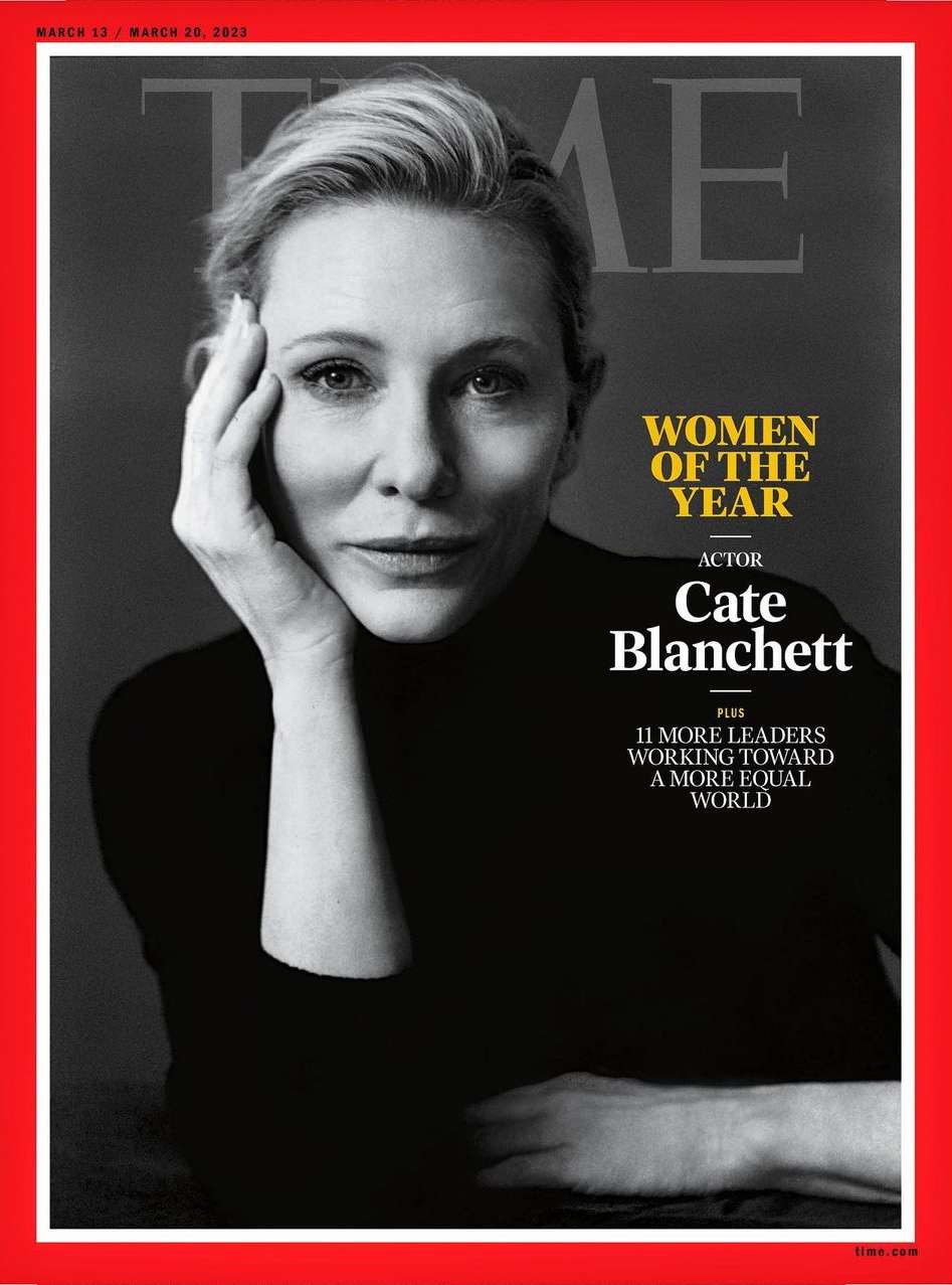 Magazine cover featuring actress Cate Blanchett in a black turtleneck sweater against a grey background and a red border.