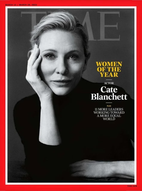 Magazine cover featuring actress Cate Blanchett in a black turtleneck sweater against a grey background and a red border.