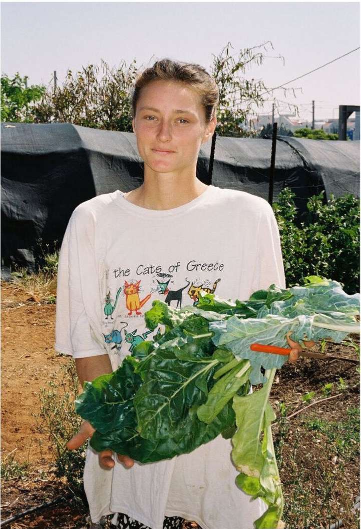 Adult woman holding a large bunch of chard in her outstretched hands while standing outdoors in a garden setting under daylight.