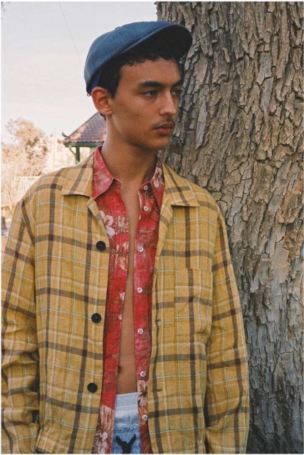 Young adult male in a casual yellow plaid shirt and blue cap poses outdoors next to a tree on a sunny day.