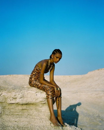 A Black woman seated on a sandy hill wearing a tiger-print strapless dress against a bright blue sky.