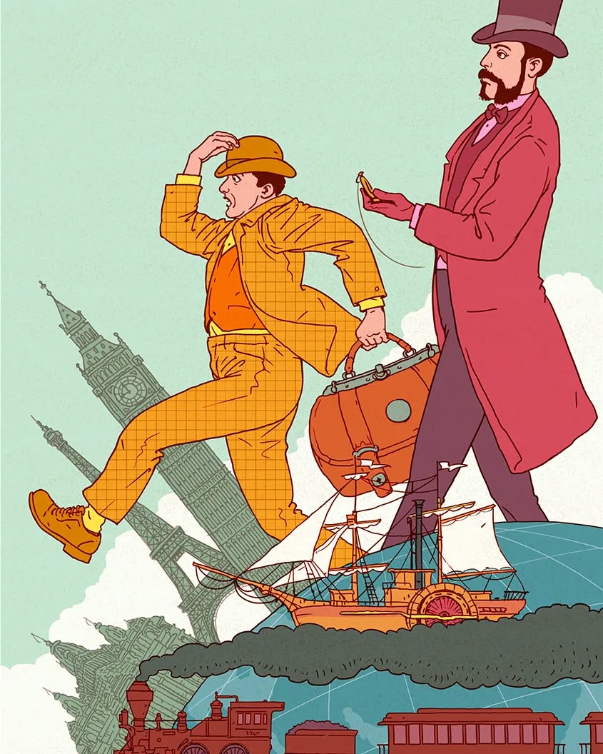 Illustration of two men in suits with hat running through various places in the world with a bag, train, boat, and monuments.