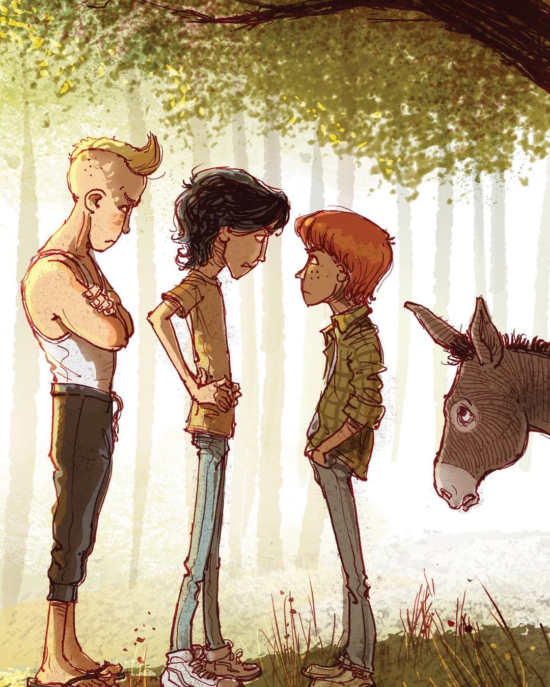 Illustration of three teenage boys in casual clothing standing outdoors with a donkey, rendered in a detailed, expressive style.