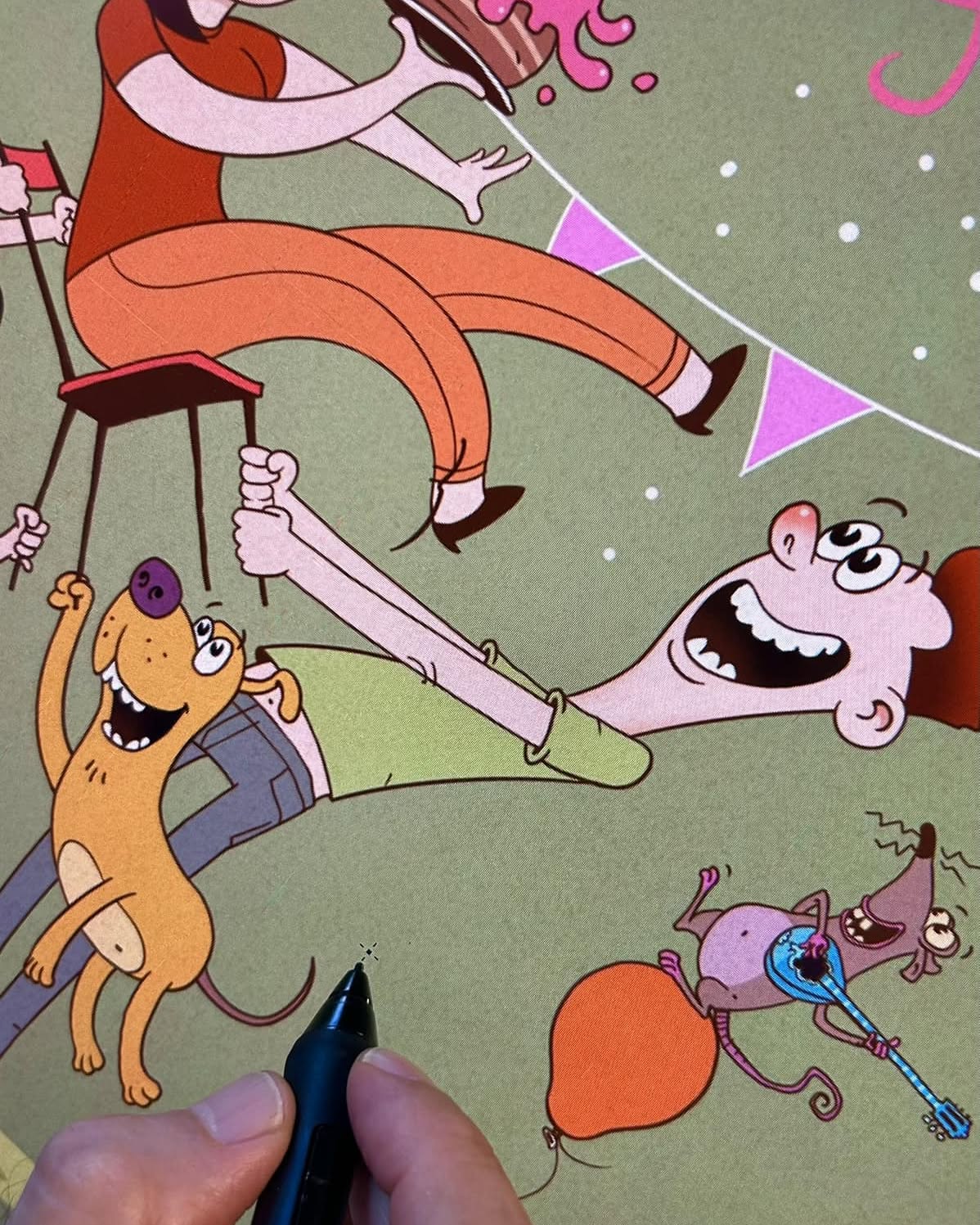Cartoon drawing of a light-skinned man lying on the ground next to a dog, a woman with a cake, and a rat with an instrument.