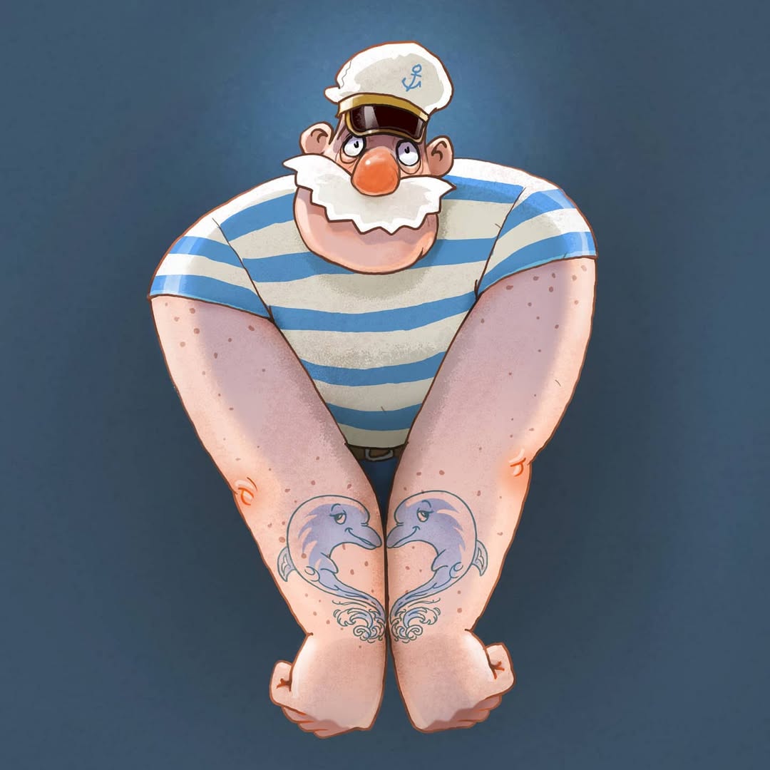 Illustration of a cartoon-style sailor with tattoos of dolphins on his forearms, wearing a striped shirt and sailor hat against a blue background.