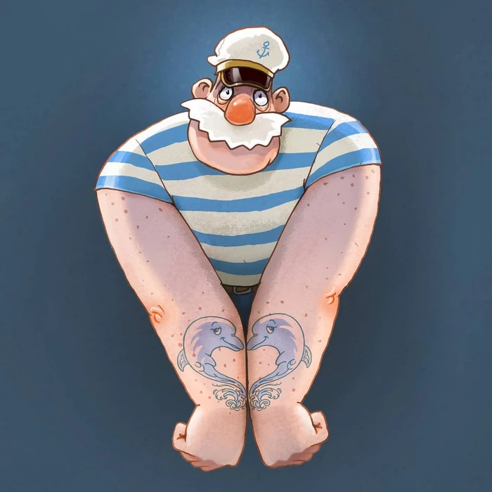 Illustration of a burly cartoon sailor wearing a striped shirt and captain hat, with dolphin tattoos on his forearms.
