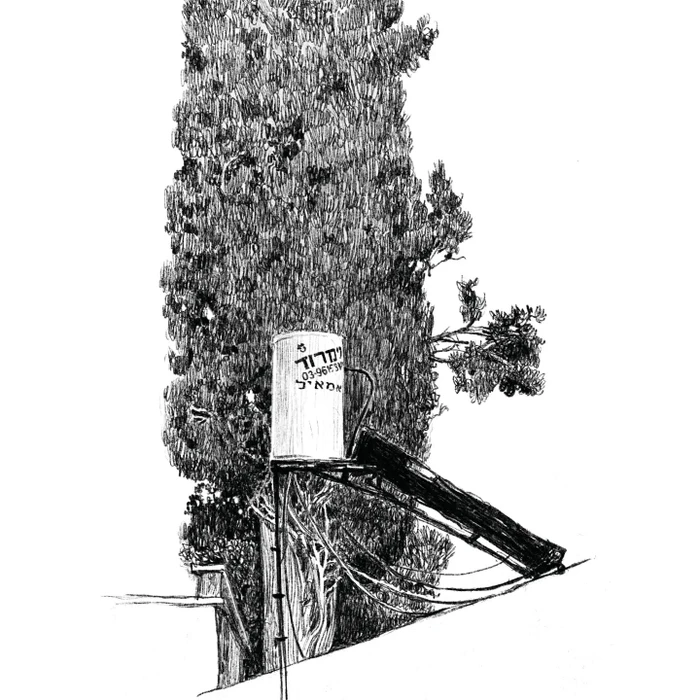 Black and white ink drawing of a rooftop solar water heater tank and panel set against a tall cypress tree on a white background.