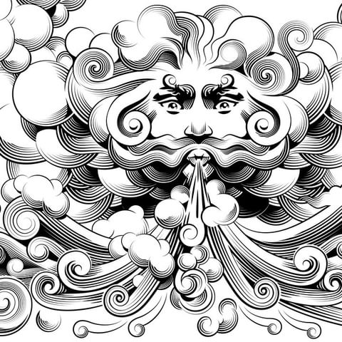 Detailed black and white illustration of a wind face blowing clouds, resembling a vintage engraving style with intricate line work.
