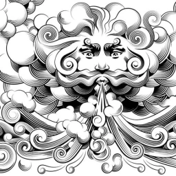 Detailed monochrome engraving illustration of a stylized wind god with swirling clouds blowing wind downward.