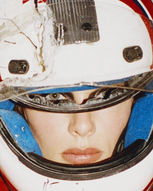 Close-up portrait of a person wearing a white and red racing helmet, partially damaged, with visor up, face toward camera, in studio lighting.
