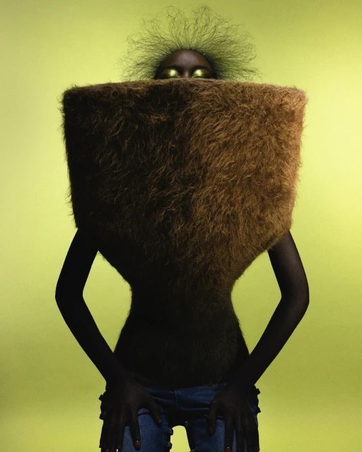 Model with avant-garde fur-like square shawl and Afro hairstyle poses in front of a bright green background in a studio fashion shot.