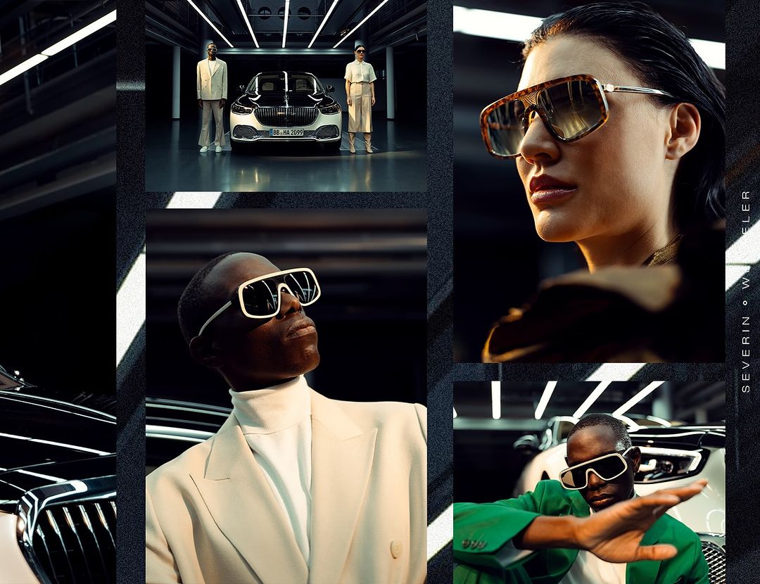 Automotive fashion editorial featuring a luxury car and three models wearing sunglasses in an indoor setting with black, white and green colors.