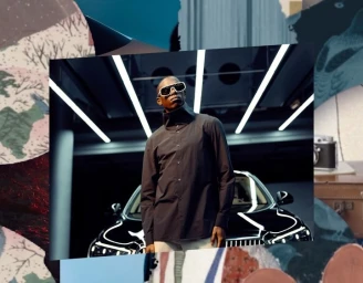 Man wearing sunglasses and a dark button-down shirt standing in front of a car with overhead lighting, presented in a collage composition.