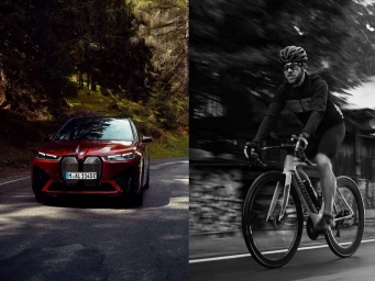 Split image showing a red electric SUV driving on a winding road on the left and a cyclist riding on the right.