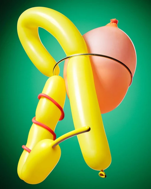 Dynamic studio shot of twisted yellow and pink balloons, forming abstract shapes against a vibrant teal backdrop, enhanced by controlled lighting.
