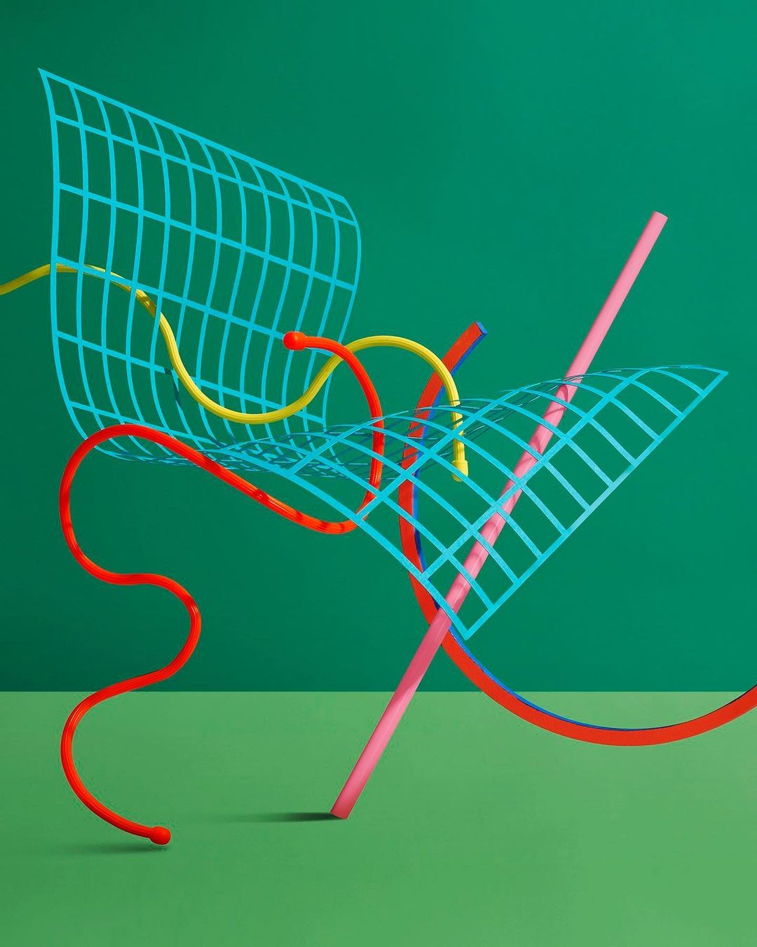 Abstract still life features a blue grid form, red and yellow wires, and a pink rod on a green surface against a dark green background.