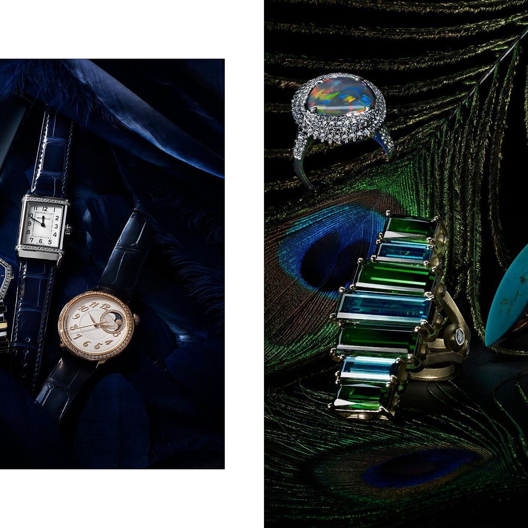 High-fashion product still life shot of luxury wristwatches and jewel rings displayed on peacock feathers against a dark backdrop.