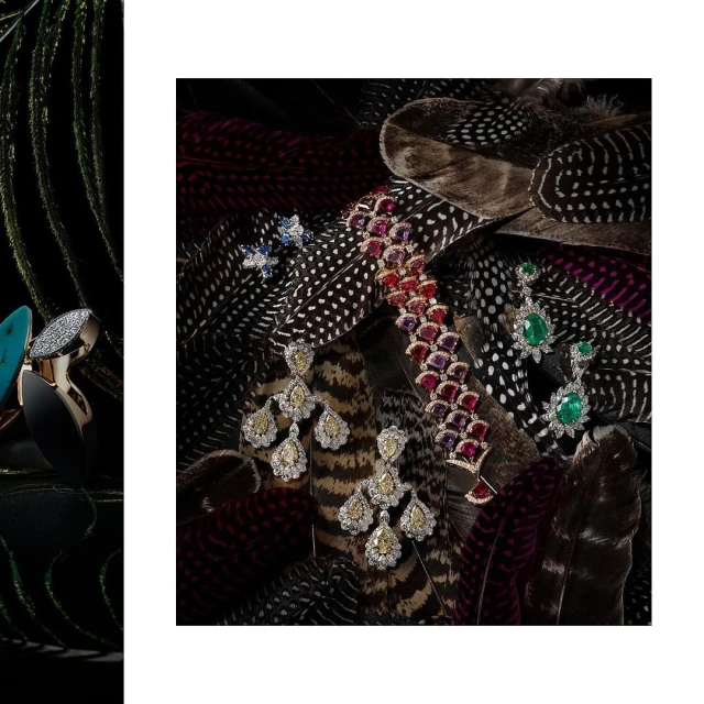 Studio shot of luxury jewelry pieces, including earrings and bracelet, arranged on patterned feathers against a dark background.