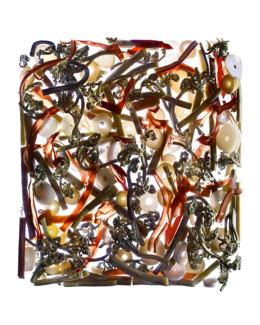 Overhead shot of amber, white, and green organic materials organized in square format on white background. Abstract food art.