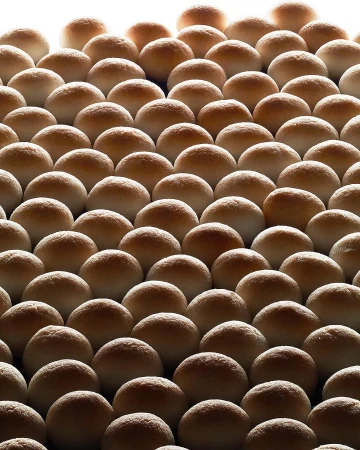 Uniform arrangement of many soft dinner rolls, beautifully backlit with warm light and shadows, creating a visually appealing food pattern.