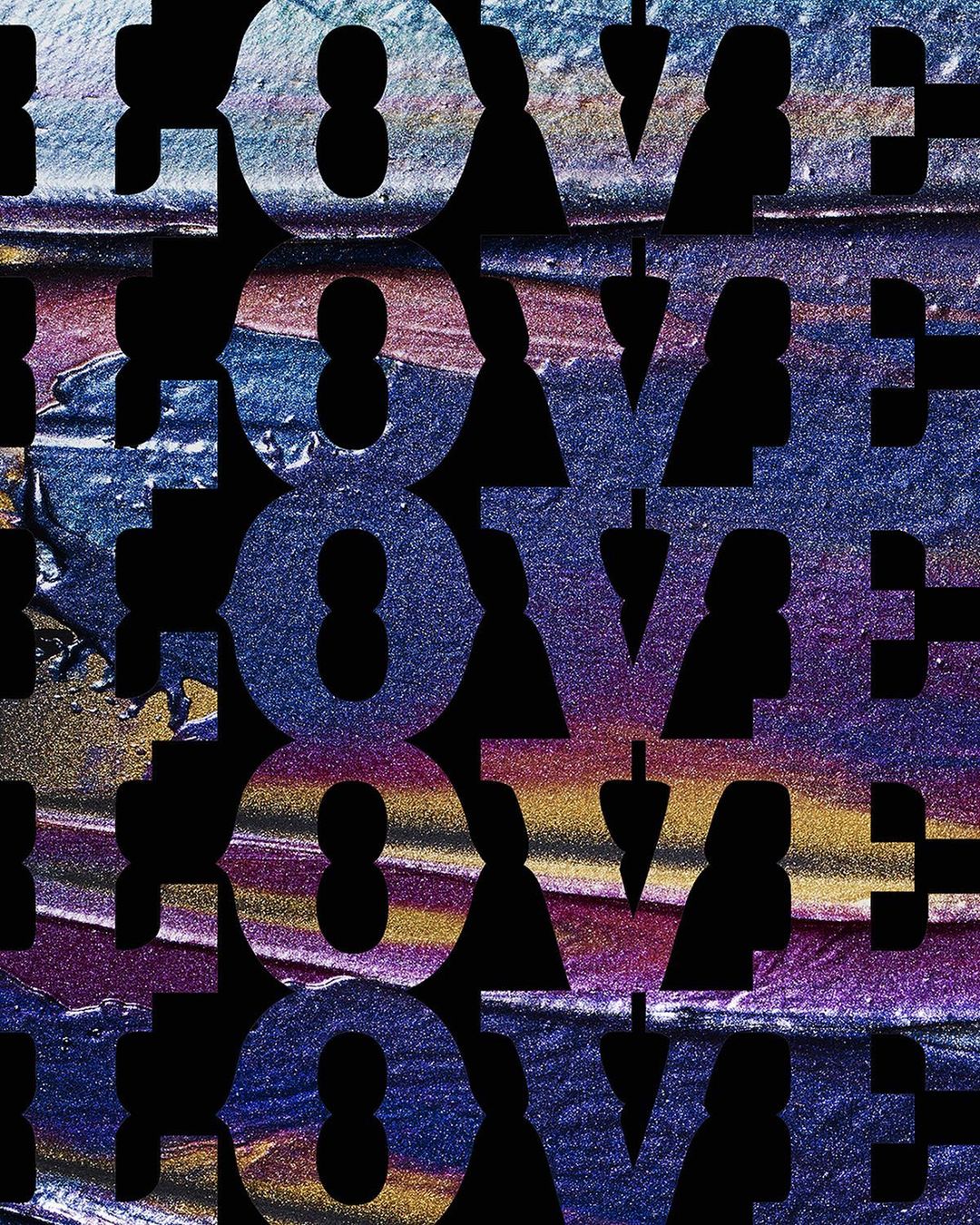 Text art: repeating 'LOVE' letters create a textured abstract design in shimmering blue, gold, and purple against a black background.