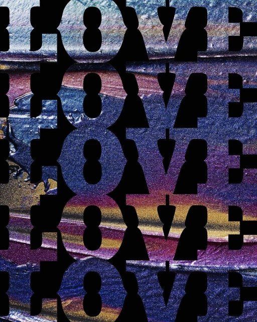 Text art: repeating 'LOVE' letters create a textured abstract design in shimmering blue, gold, and purple against a black background.