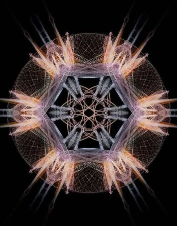 Intricate starburst pattern with radiating lines and geometric shapes in shades of peach, grey, and white against a dark background.