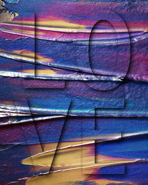 Abstract art featuring the word 'LOVE' in a layered, stencil-like design over a textured background of blues, purples, and gold hues.