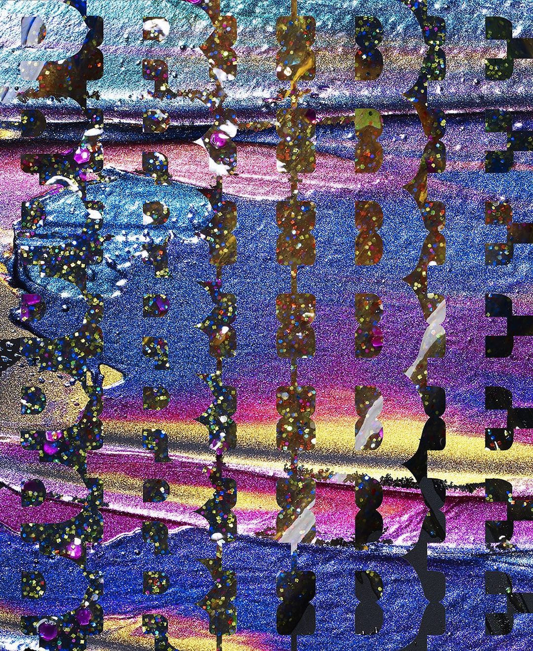 Abstract image with textured vertical brushstrokes in blue, purple, and gold, overlaid with a pixelated grid and glitter accents.