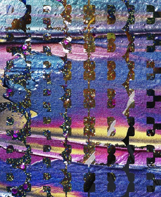 Abstract image with textured vertical brushstrokes in blue, purple, and gold, overlaid with a pixelated grid and glitter accents.