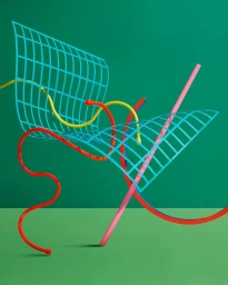 Abstract sculptural composition of intertwined wire mesh, rods and curved lines in teal, red, yellow and pink on a green backdrop.