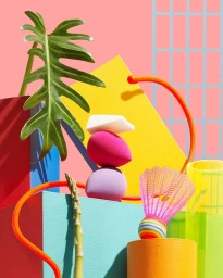Still life photography by Yasu Mizoi featuring colorful geometric blocks, makeup sponges, green leaf, and a badminton shuttlecock.