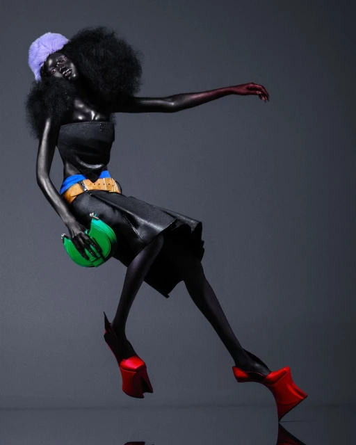 Fashionable adult female in black dress, red shoes, and purple hat posing in a studio. She is holding a green purse.