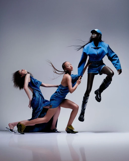 Three female fashion models in a studio setting. The model in the front is elevated and supported by the other two models.