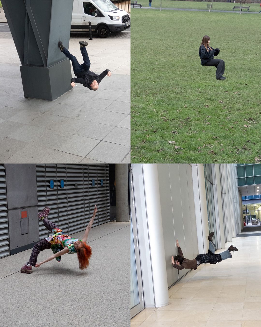 Composite image shows people in various poses seemingly defying gravity, against urban and park backgrounds.