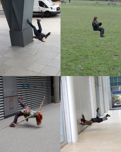 Composite image shows people in various poses seemingly defying gravity, against urban and park backgrounds.