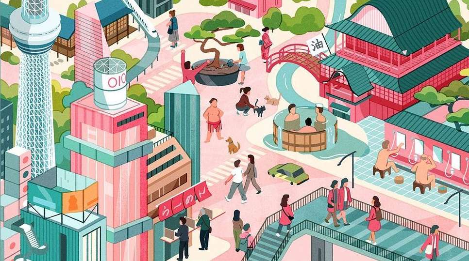 Illustrated isometric view of Tokyo, Japan, featuring Tokyo Skytree, buildings, pedestrians, parks, and traditional Japanese architecture.