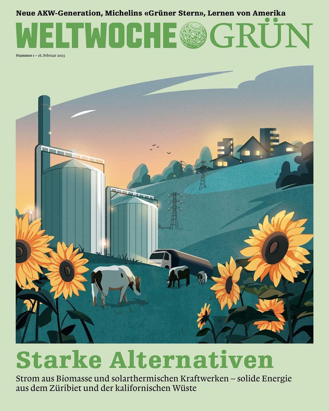 Magazine cover illustration: windmills, cows, sunflowers, and a plant, showcasing environmental themes with a green color palette.