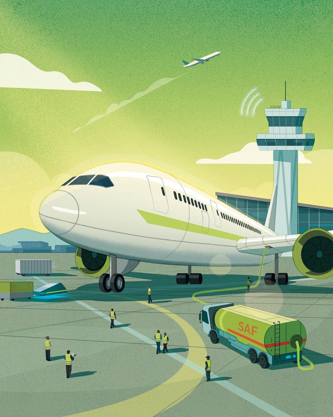 Illustration of an airplane on the tarmac being refueled by a sustainable aviation fuel truck with airport control tower in background.