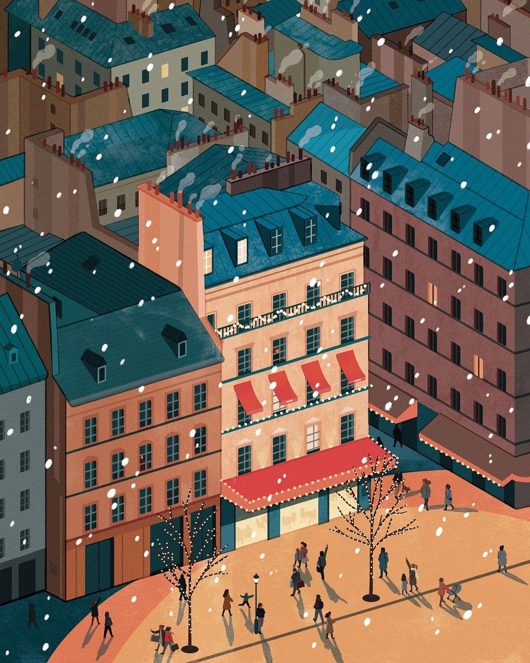 Stylized illustration of a city scene with buildings, people walking in a square, bare trees, and falling snow, creating a winter atmosphere.