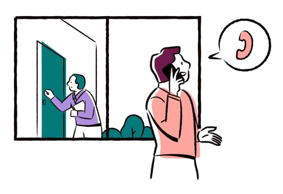 Illustration showing a man on a phone call inside and another person knocking on a teal door outside the building.