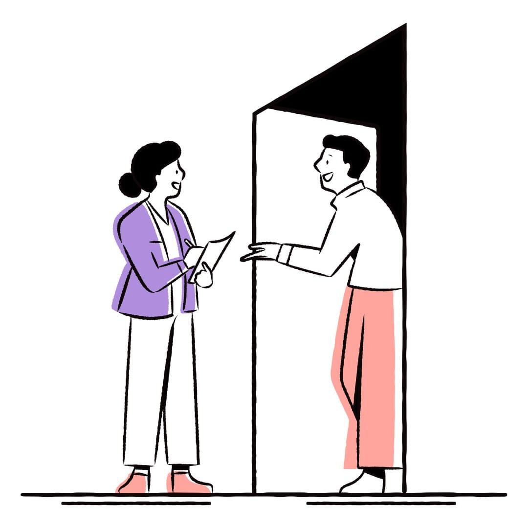 Line drawing illustration of a woman with papers talking to a man standing in a doorway, rendered in black, white, and pink. 