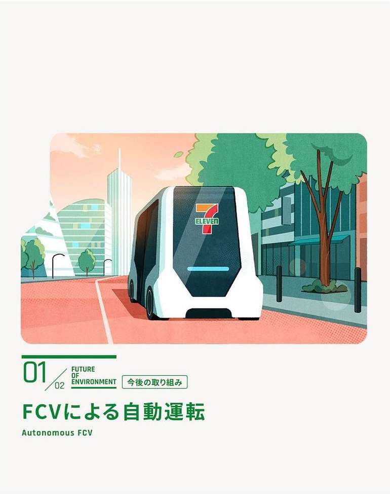 Illustration of a futuristic, self-driving bus with a 7-Eleven logo on an urban street with modern buildings and stylized greenery in daylight.