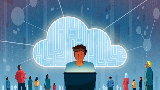 Illustration of a man working on a laptop in front of a cloud, with a group of people looking up, set against a blue background.